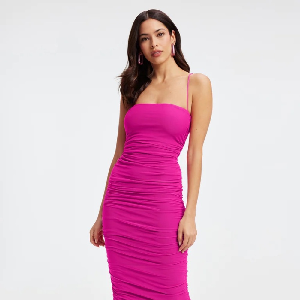 RUCHED MESH MIDI DRESS